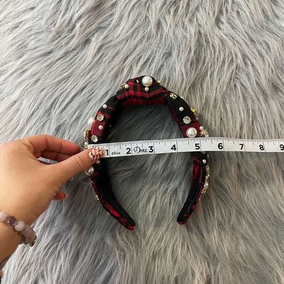 Red Plaid Headband with Pearls and Gems - Picture 6 of 9